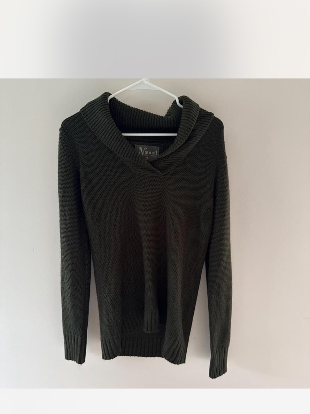 Natural Reflections Olive Green Shawl Collar Knit Sweater
